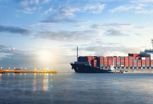 Logistics and transportation of International Container Cargo ship in the ocean at twilight sky, Freight Transportation, Shipping